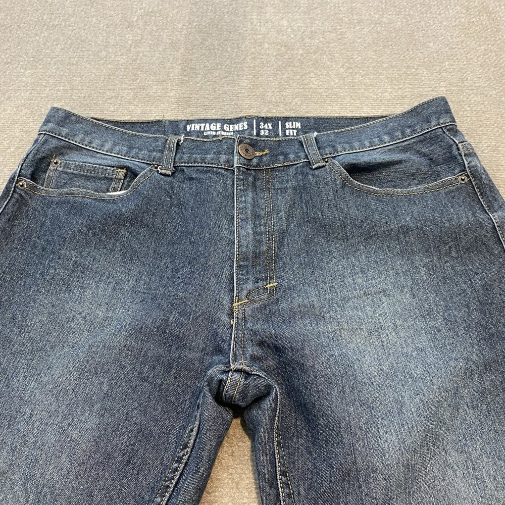 Vintage Genes Jeans Mens 34 Fits 35x32 Blue Lived In Denim Slim Fit Preppy - Picture 2 of 12